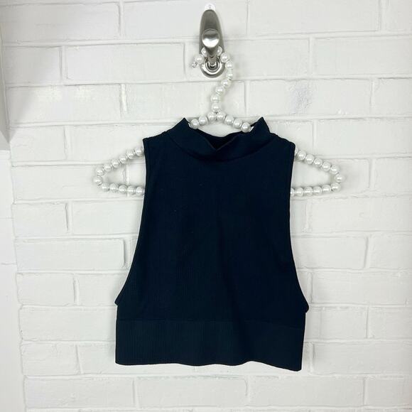 Princess Polly Black Ribbed Mock Neck Compression Stretch Crop Top L/XL - Picture 1 of 6